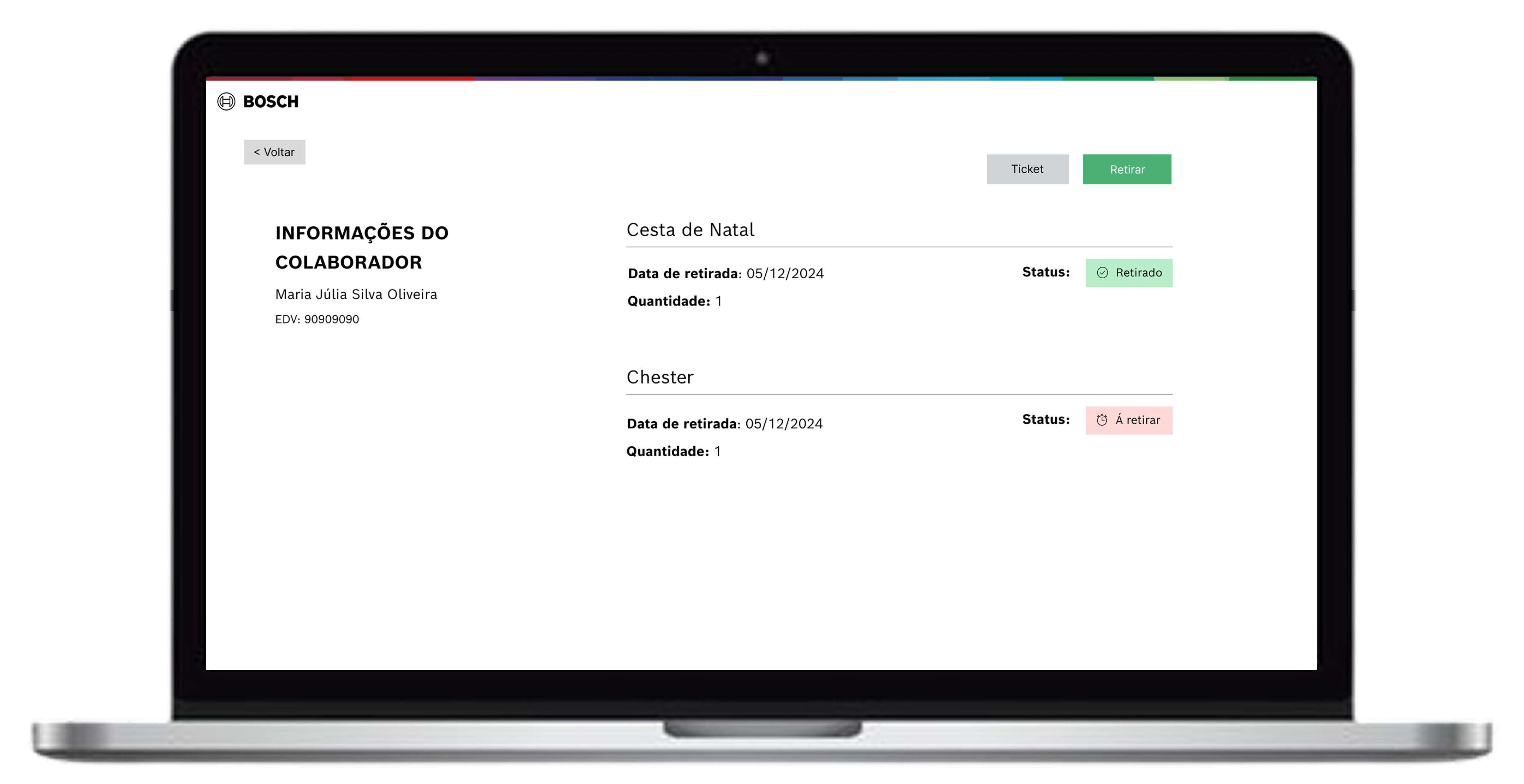 Tela de status de beneficios - plataforma retirada local