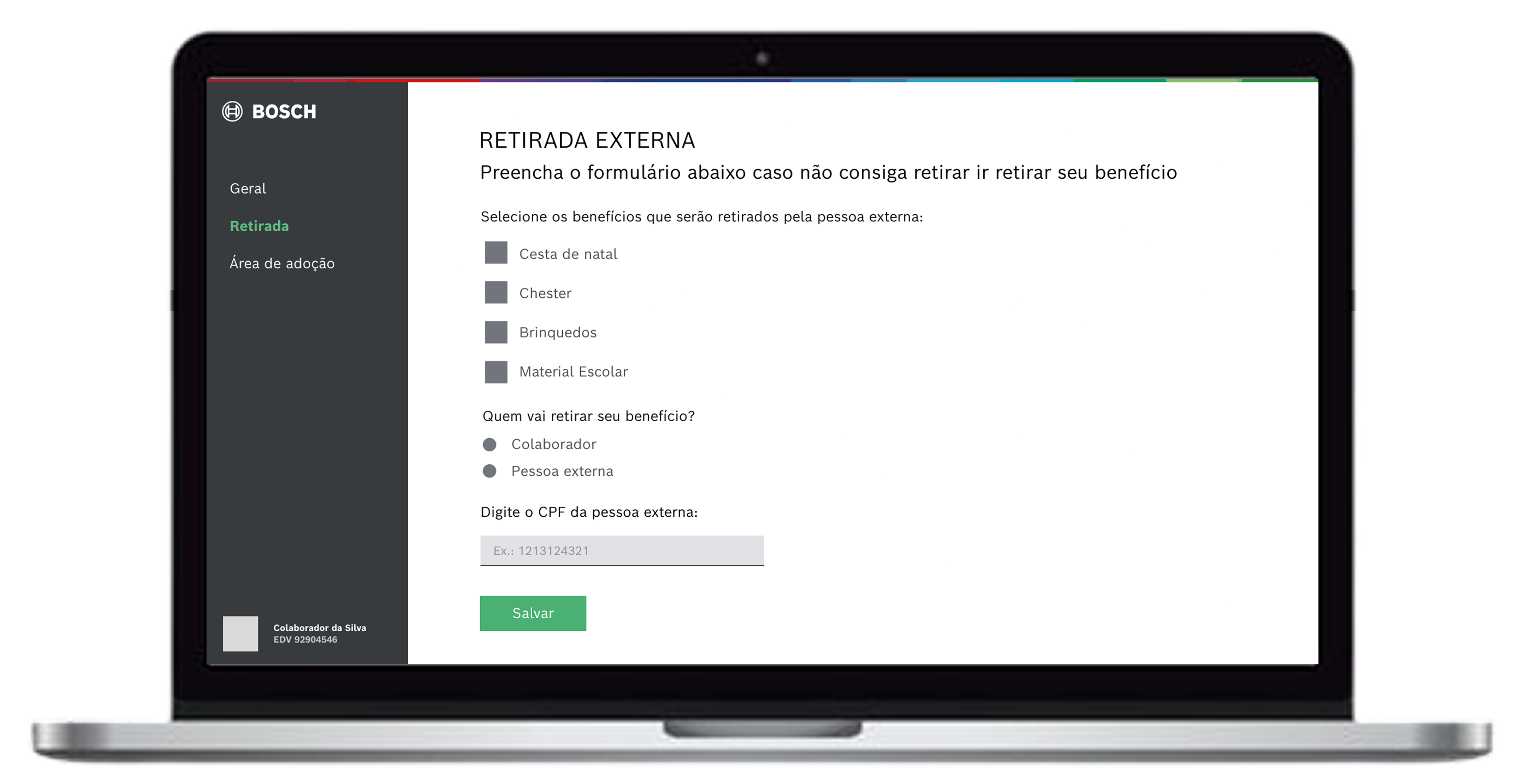 Tela de solicitação de retirada externa - plataforma online