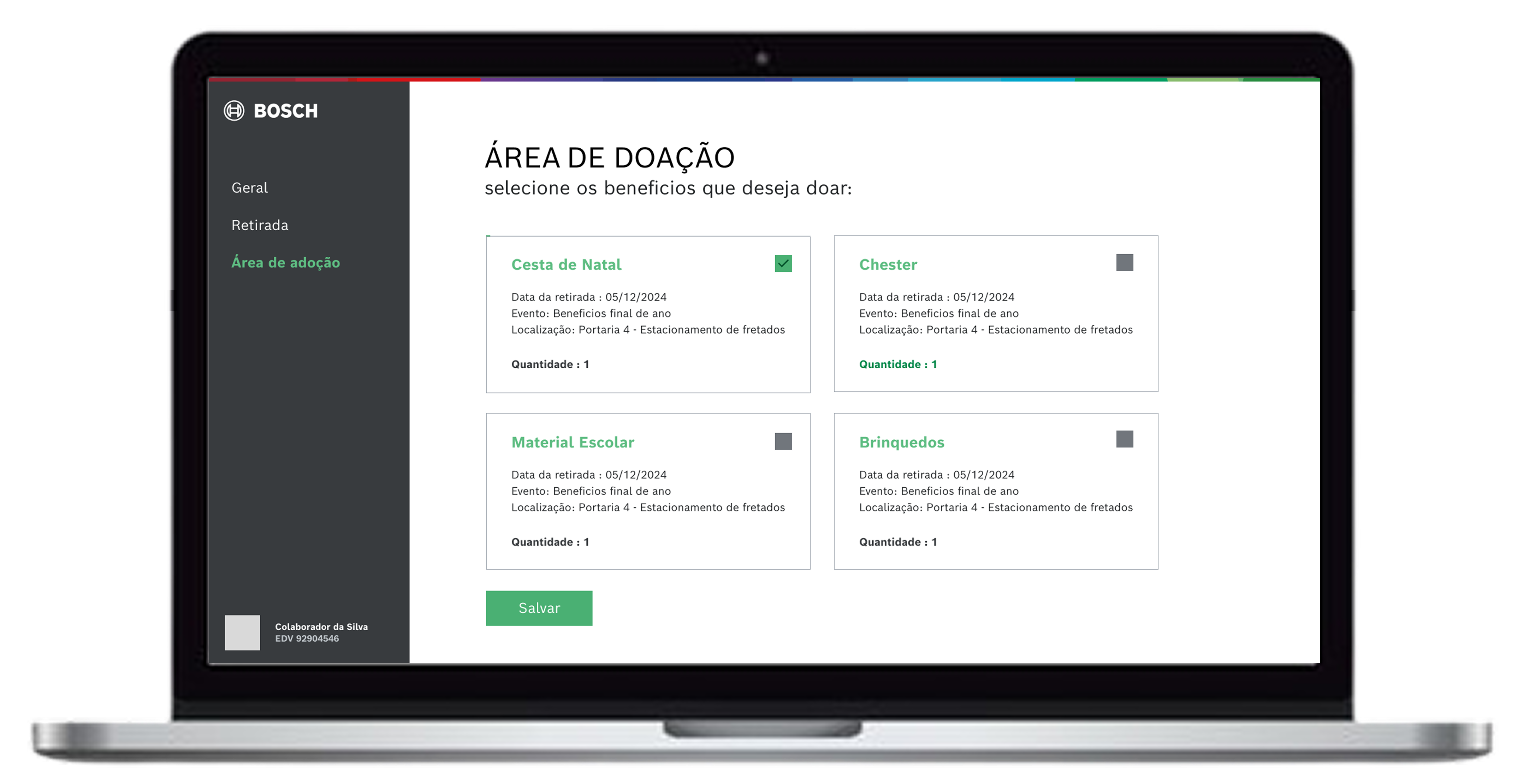 Tela de doação de beneficios - plataforma online